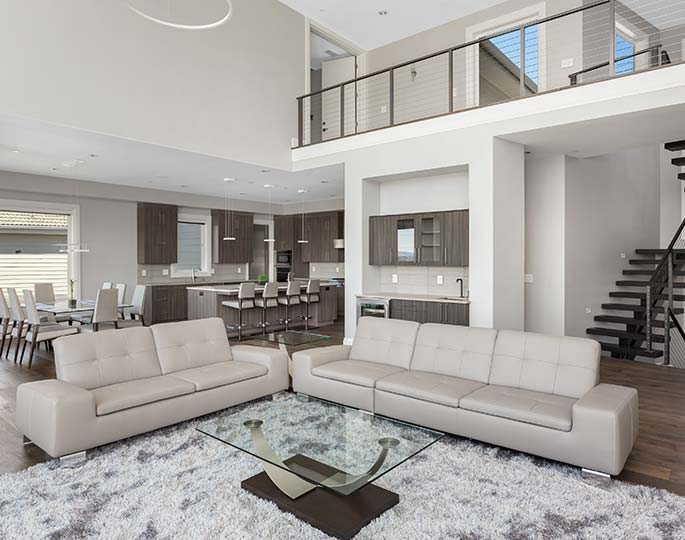 Custom home living area and kitchen interior