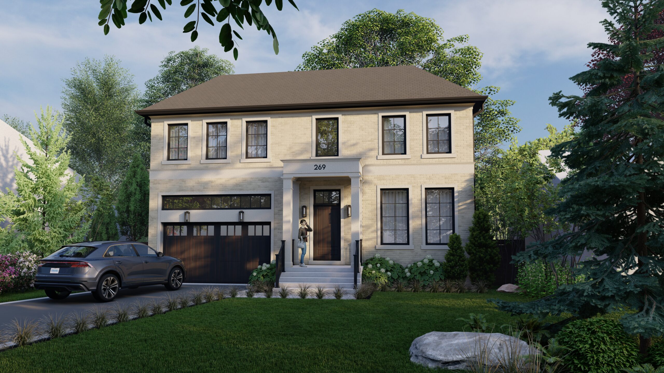 Project Martin Grove - Transitional Traditional House in Etobicoke: A two-story beige home with black trim, large windows, and a double garage. A driveway leads to front steps, set amid a lush lawn, landscaping, and tall trees.